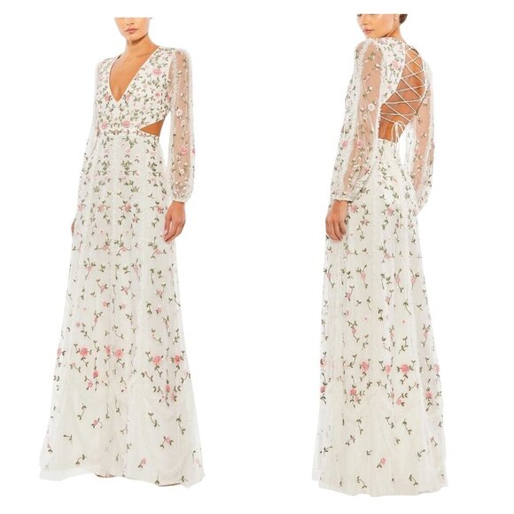 Mac Duggal 70159 Floral Embroidered Gown Ivory Multicolor Lace Back Size 10 NWT - Picture 1 of 6